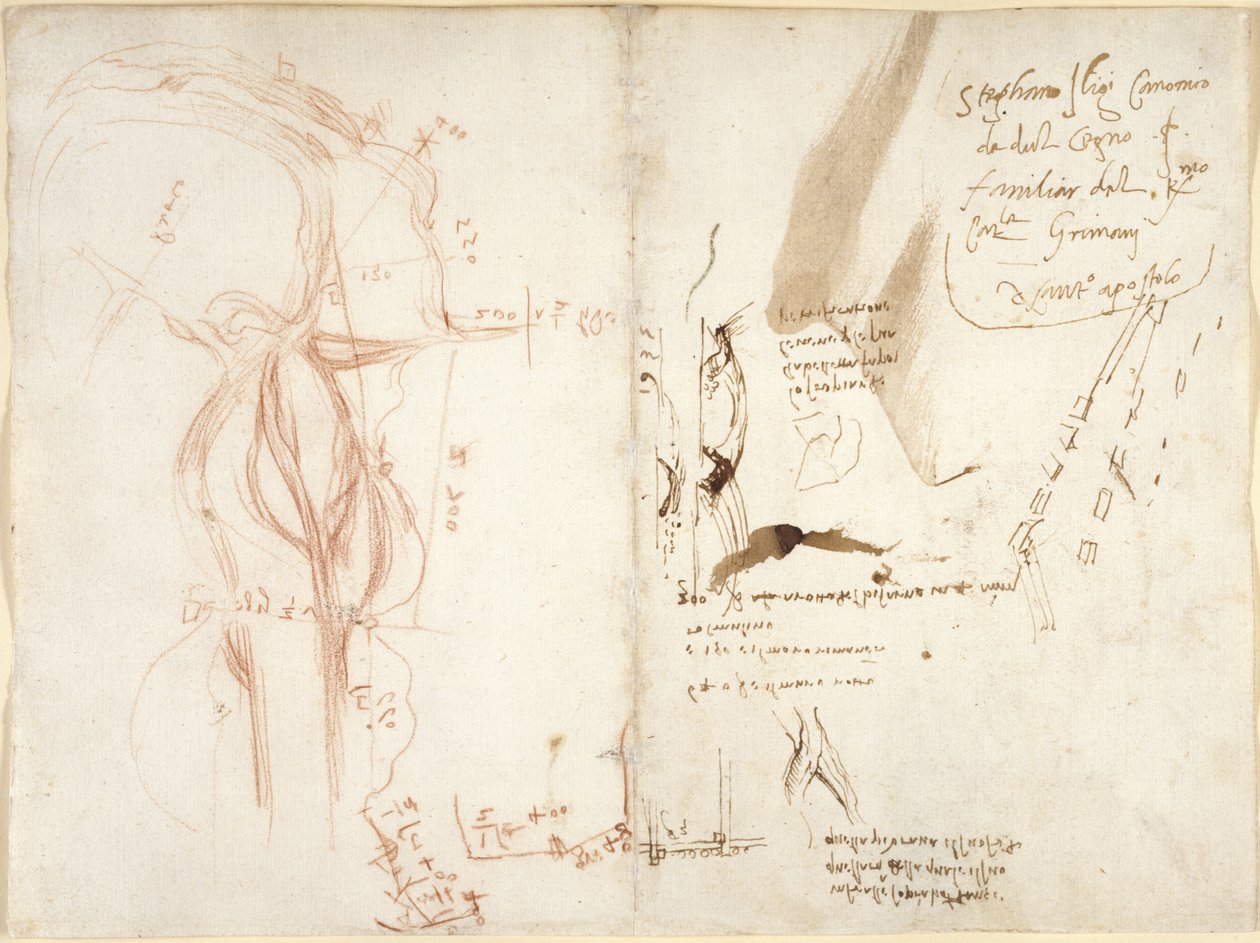 Planimetrische schets van de rivier Arno; notities over afstanden en richtingen door Leonardo da Vinci