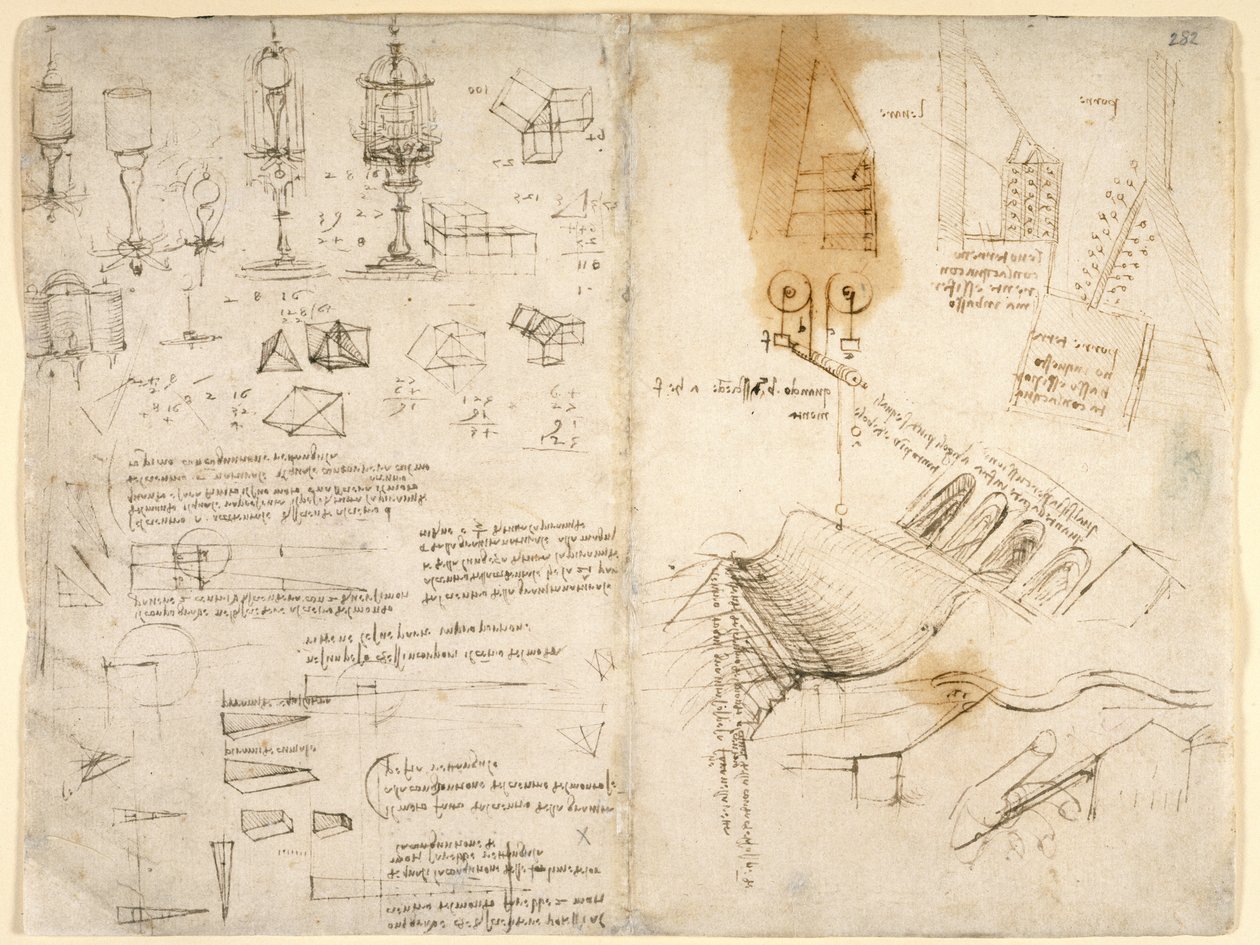 Schetsen van scharnierende lampen; aantekeningen over mechanica; wiskundige berekeningen; geometrische schetsen door Leonardo da Vinci