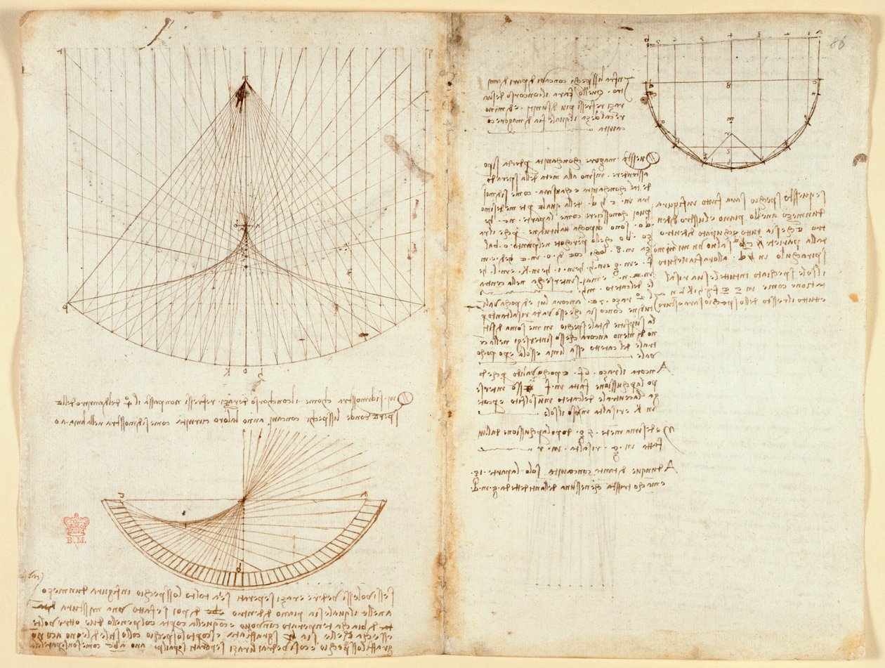 Aantekeningen en diagram over optica, betreffende de caustics van reflectie (c.1503-5) door Leonardo da Vinci