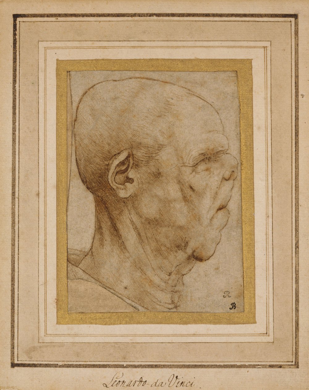 Karikatuur van het hoofd van een oude man, in profiel naar rechts door Leonardo da Vinci