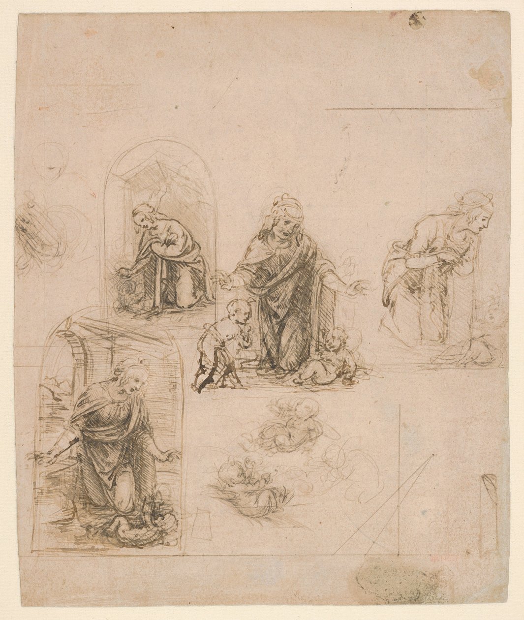 Compositieschetsen voor de Maagd die het Christuskind aanbidt, met en zonder de kleine Johannes de Doper; diagram van een perspectivische projectie (recto); lichte krabbels (verso) door Leonardo da Vinci