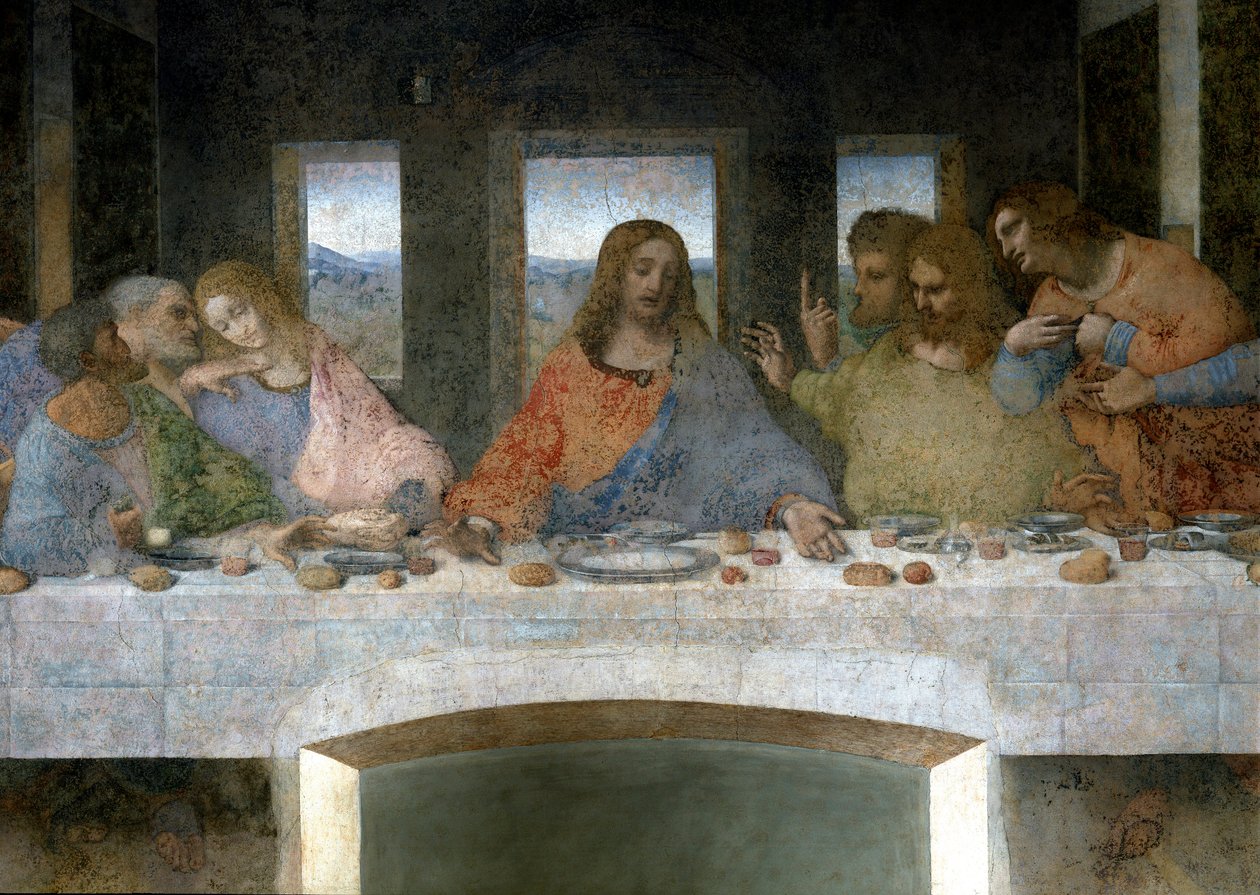 (detail) van het Laatste Avondmaal, links Judas, Petrus en Johannes, Christus in het midden door Leonardo da Vinci