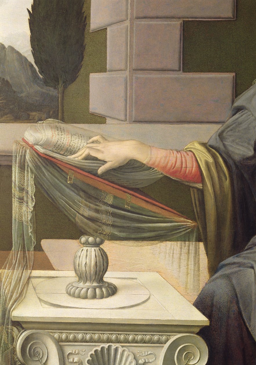 Detail van de Maagd Maria, uit De Aankondiging (post restauratie) door Leonardo da Vinci