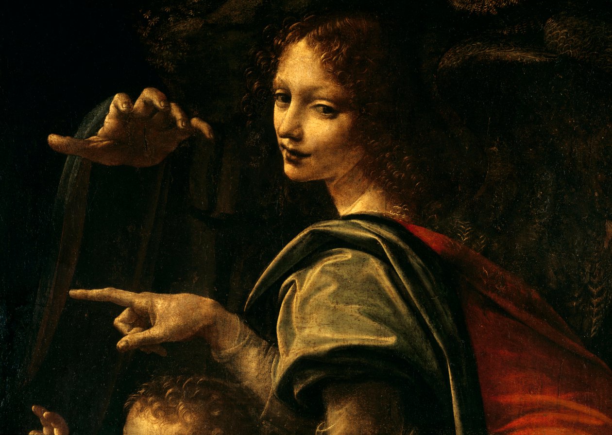 Detail van de Maagd met de rotsen, Sint Johannes de Doper wijst met zijn vinger en hand van de Maagd Maria door Leonardo da Vinci