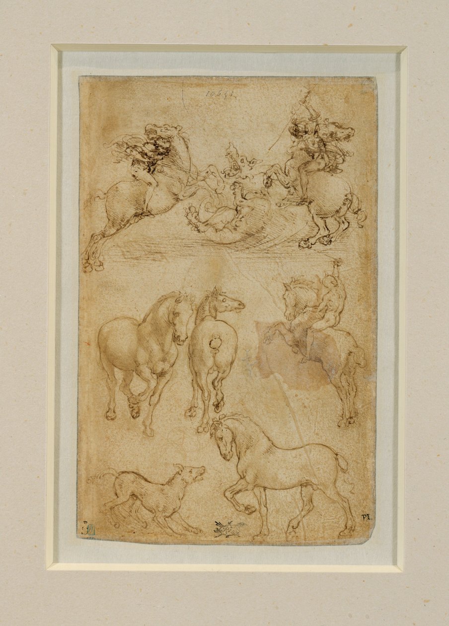 Twee ruiters in gevecht met een draak; een ruiter en twee paarden; een hond en een paard ... door Leonardo da Vinci