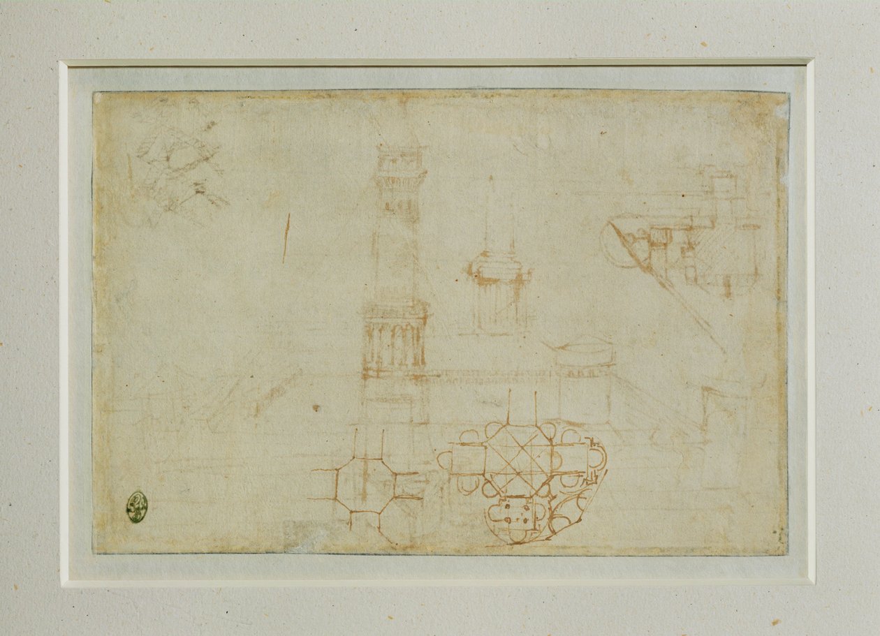 Twee studies van een gebouw met een centraal plan ... door Leonardo da Vinci