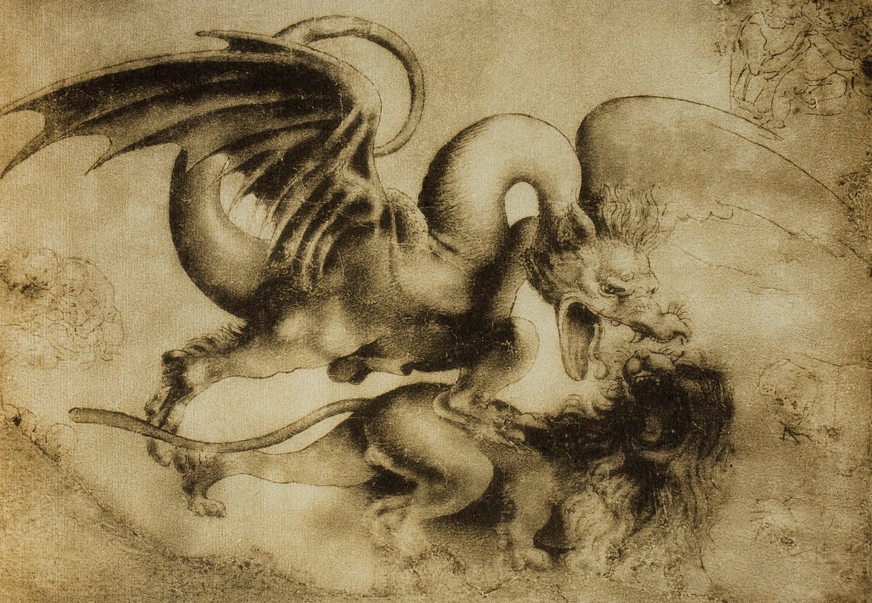 Draak die een leeuw doodt, tekening door Leonardo da Vinci door Leonardo da Vinci