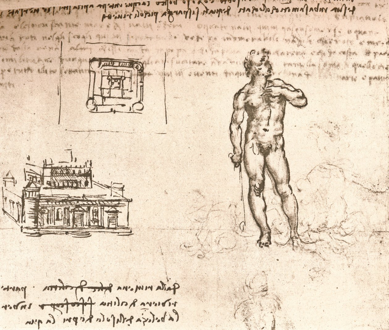 Tekening van plannen voor een kasteel en een naaktfiguur, gewassen met Indische inkt, ca. 1472-1519 door Leonardo da Vinci