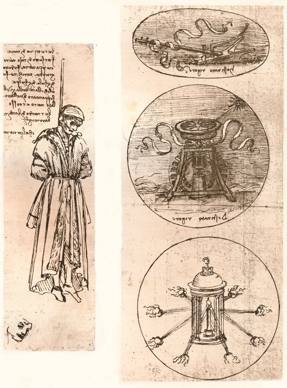 Tekeningen van Bernardo di Bandino Baroncelli opgehangen, en emblemen door Leonardo da Vinci