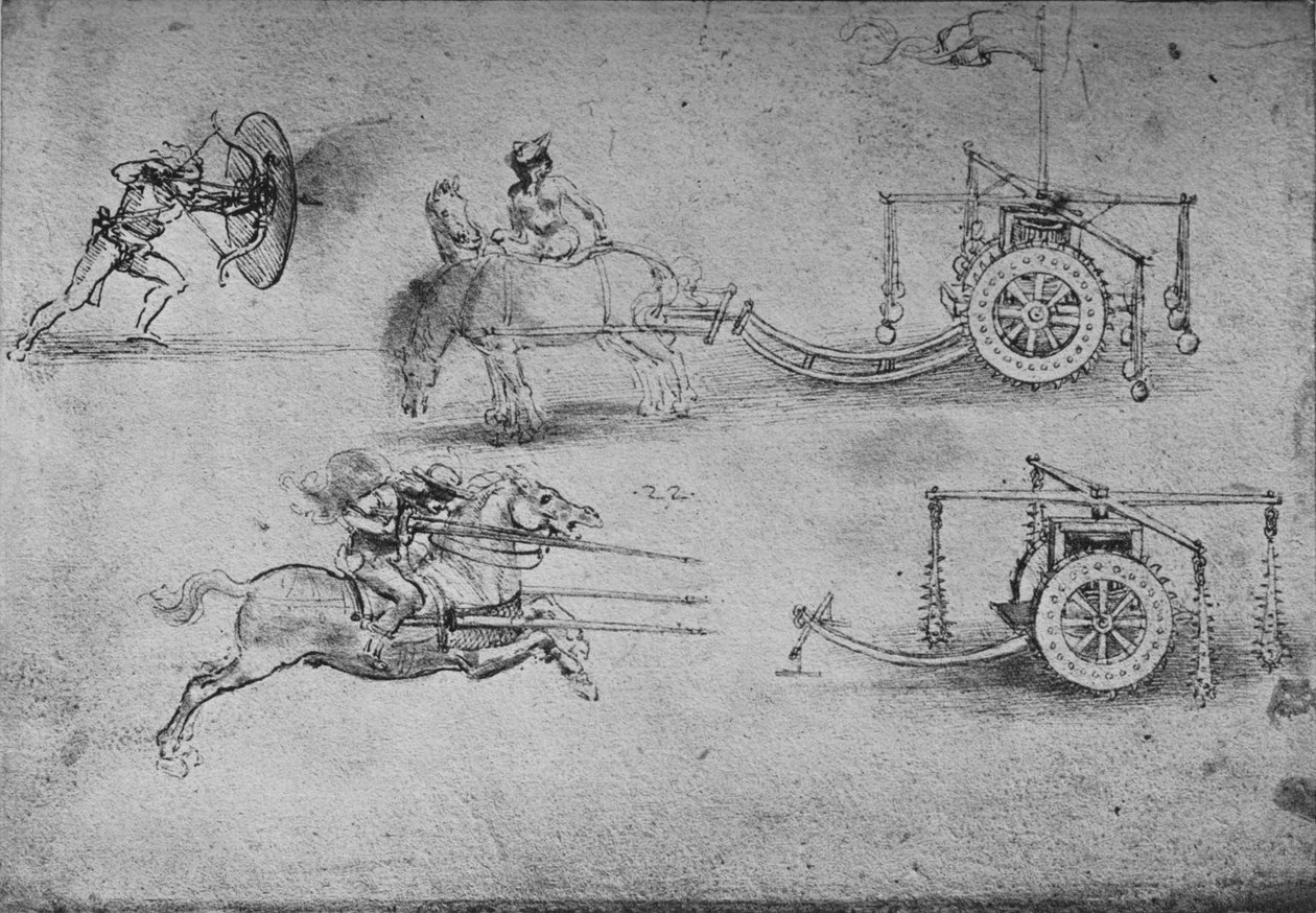 Tekeningen van Wagens Bewapend met Vlegels, van een Boogschutter met een Schild, c1480, 1945 door Leonardo da Vinci