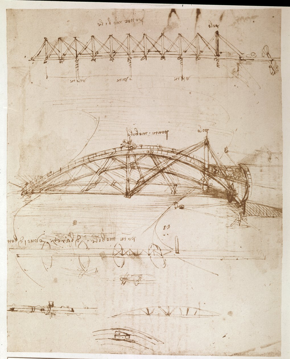 Fragment uit een Da Vinci manuscript waarin de constructie van een "Draaibrug" wordt beschreven (manuscript) door Leonardo da Vinci