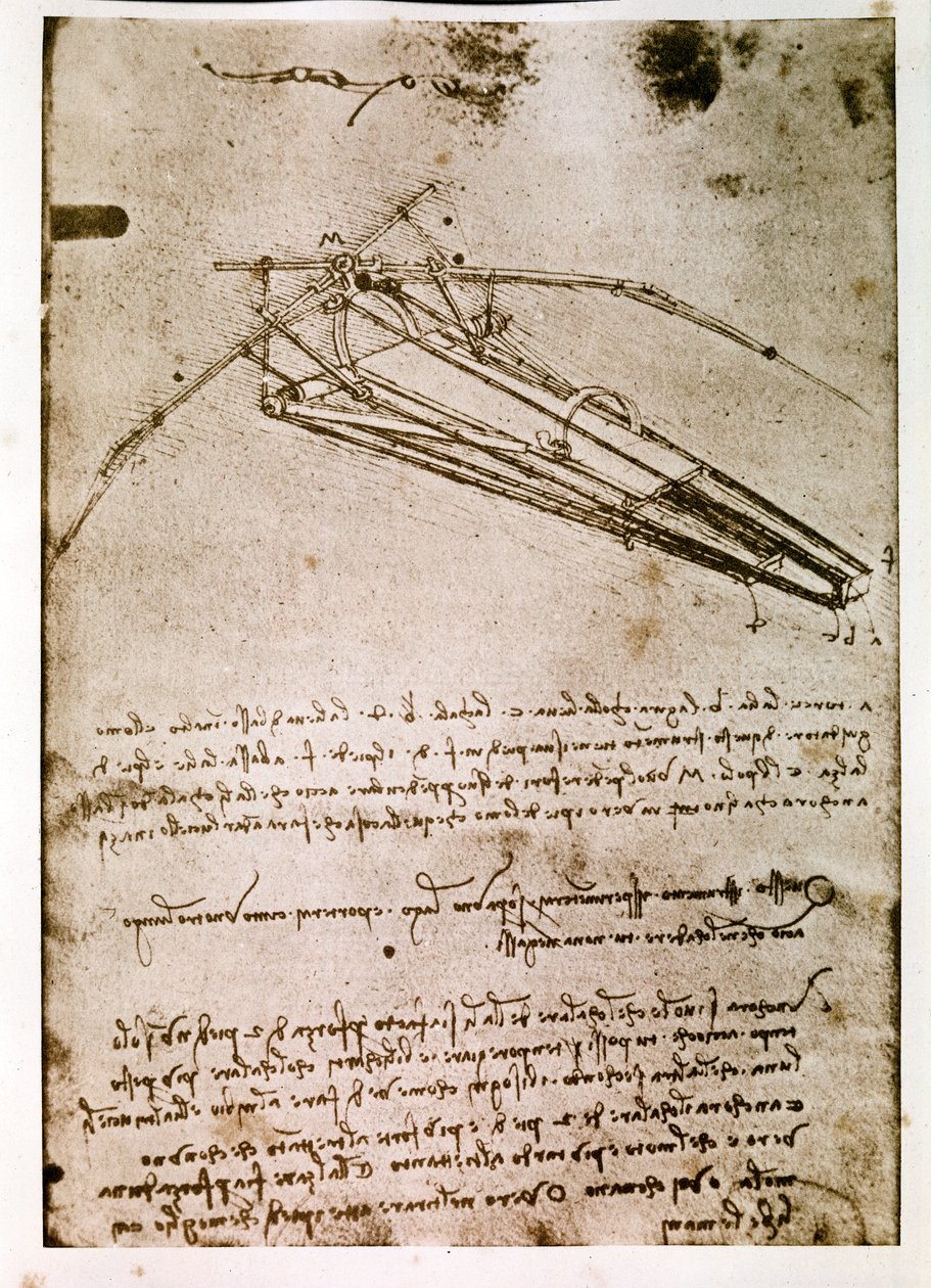 Fragment uit een Da Vinci manuscript dat het principe en de constructie van een "vliegende machine" beschrijft (manuscript) door Leonardo da Vinci
