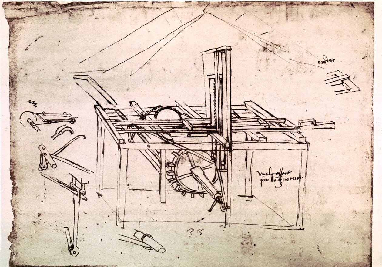 Uittreksel uit een Da Vinci Manuscript dat het principe en de constructie beschrijft van een "Hydraulische zaag met automatische doorvoer" (manuscript) door Leonardo da Vinci
