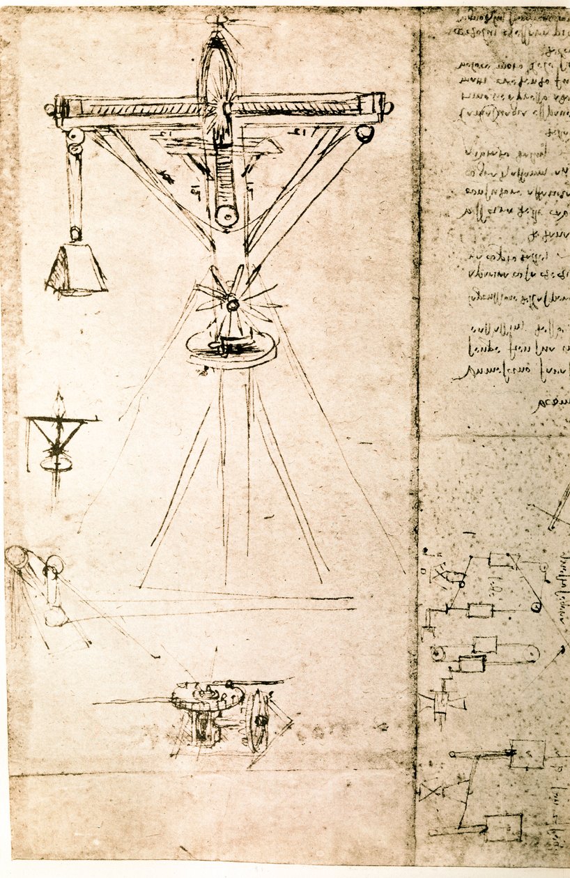 Fragment uit een Da Vinci Manuscript waarin het principe en de constructie van een "Crane" wordt beschreven (manuscript) door Leonardo da Vinci