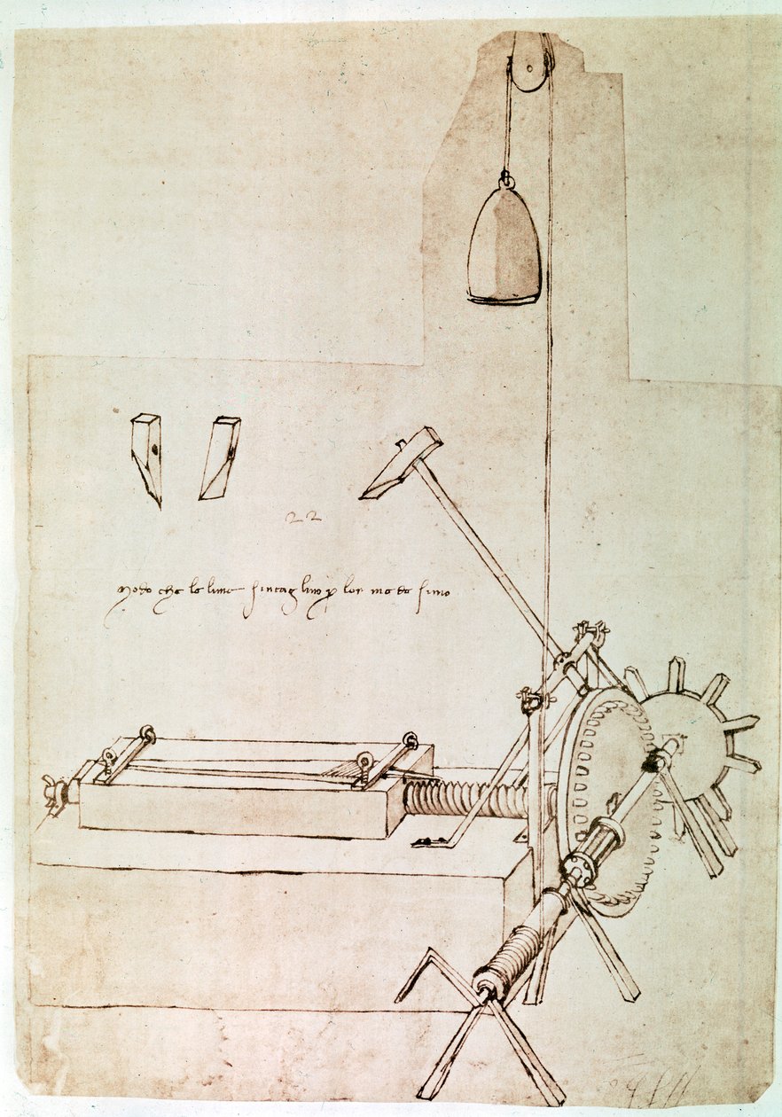 Uittreksel uit een Da Vinci Manuscript waarin het principe en de constructie van een "Machine voor het inspringen van vijlen" wordt beschreven (manuscript) door Leonardo da Vinci