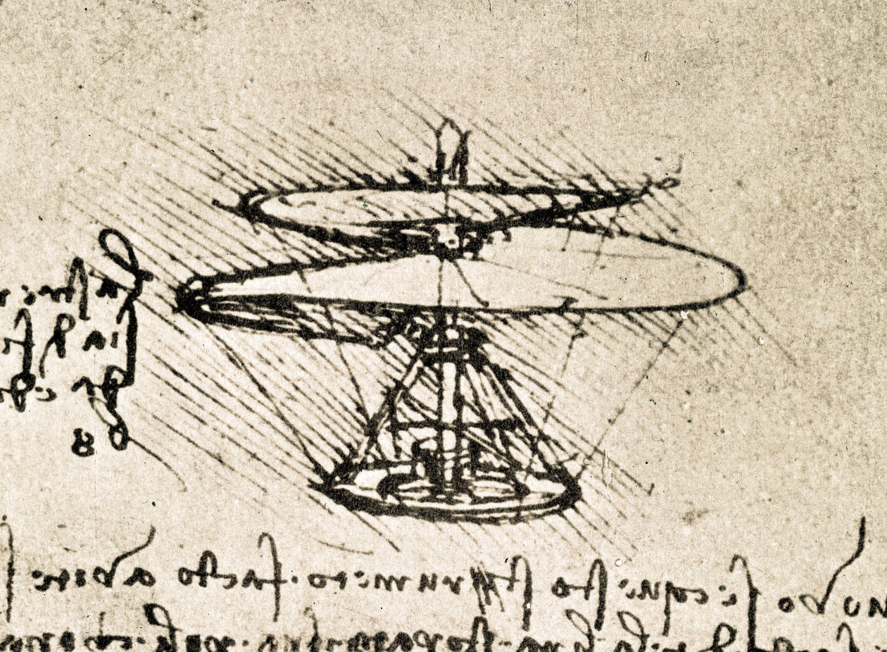 Fragment uit een Da Vinci manuscript dat het principe en de constructie van de "Aerial Screw (Helicopter)" beschrijft (manuscript) door Leonardo da Vinci