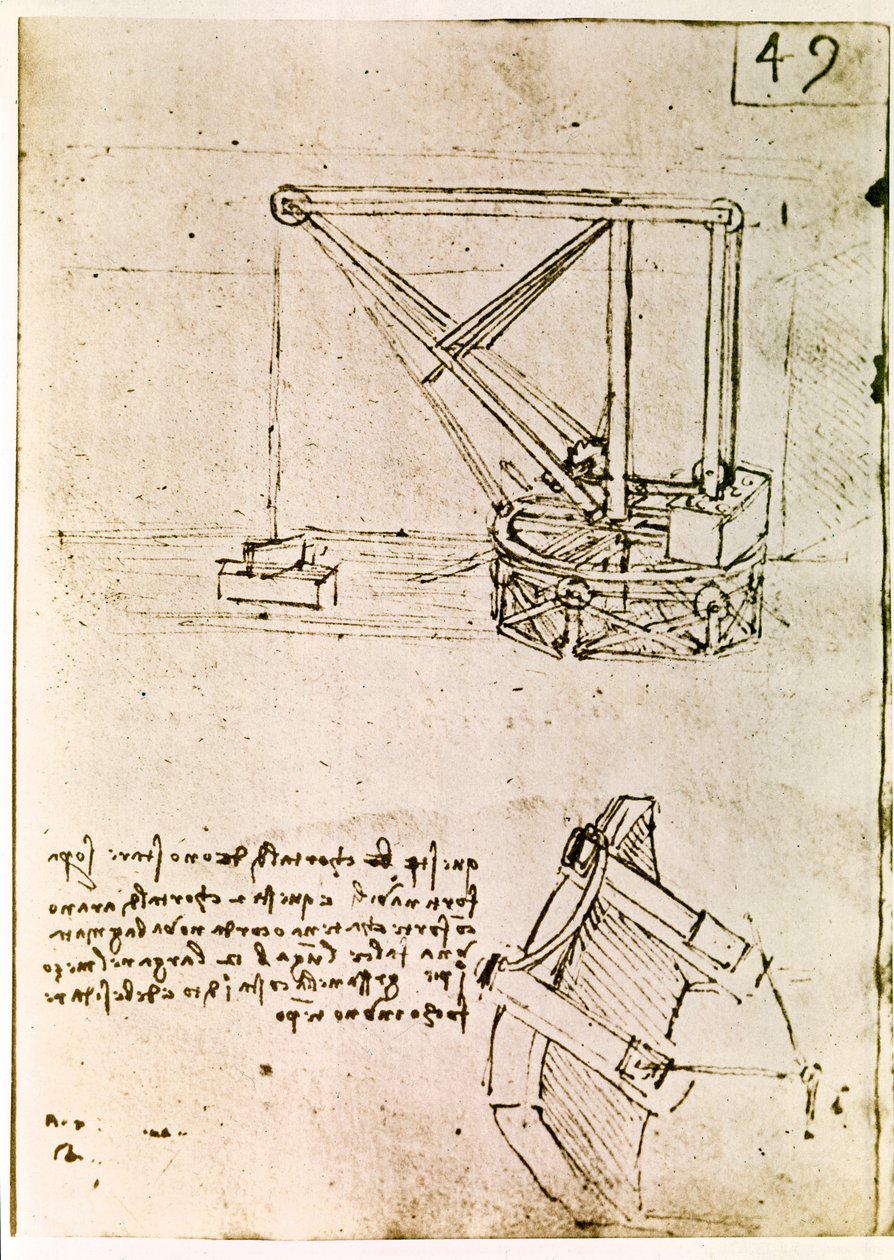 Uittreksel uit een Da Vinci Manuscript waarin het principe en de constructie van een "Roterende Kraan" wordt beschreven (manuscript) door Leonardo da Vinci