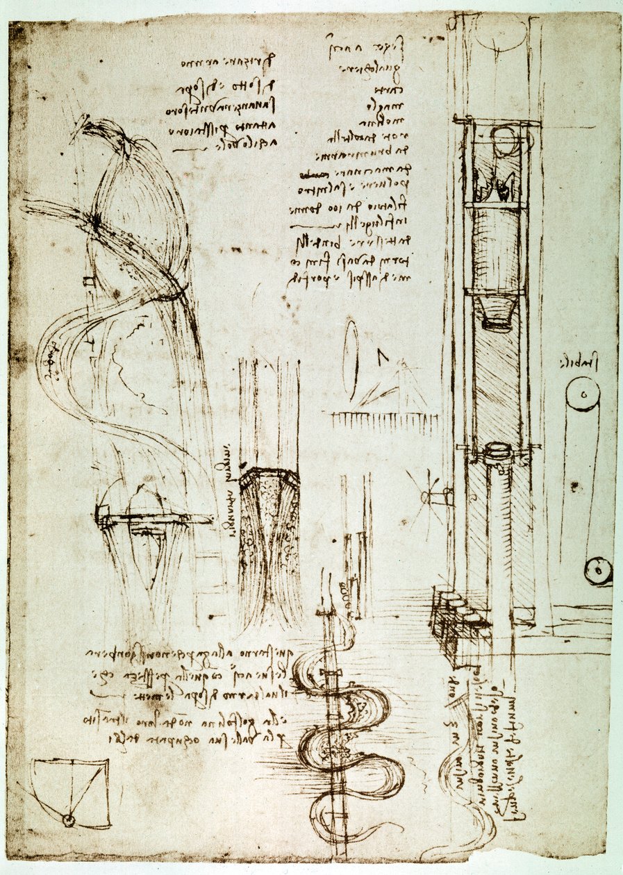 Fragment uit een Da Vinci Manuscript dat het principe en de constructie van een "Pile Drive (Pile Mallet)" beschrijft (manuscript) door Leonardo da Vinci