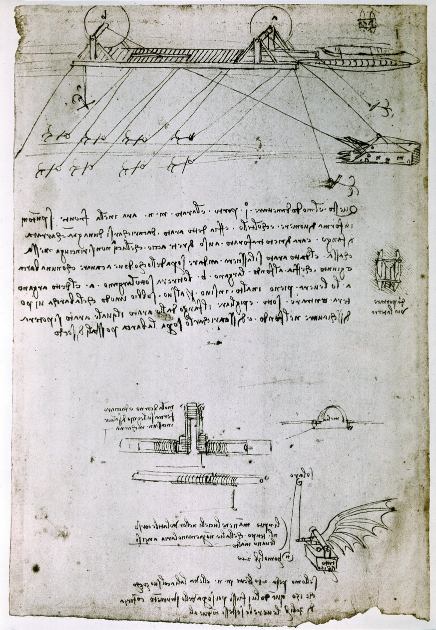 Fragment uit een Da Vinci Manuscript dat het principe en de constructie van een "Sea Dredge" beschrijft (manuscript) door Leonardo da Vinci