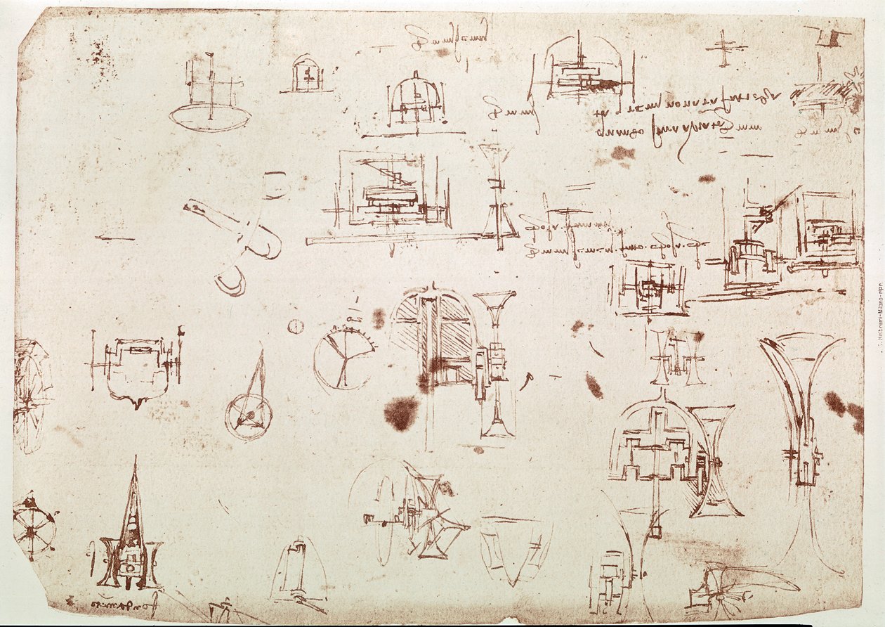 Fragment uit een Da Vinci manuscript dat het principe en de constructie beschrijft van een "Boot met Aandrijving door Wielen" (manuscript) door Leonardo da Vinci