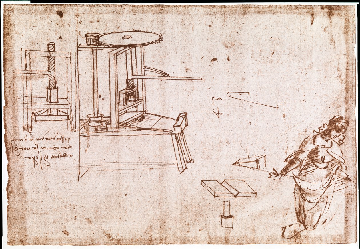 Uittreksel uit een manuscript van Da Vinci waarin het principe en de constructie van een "persmachine" voor afdrukken wordt beschreven (manuscript) door Leonardo da Vinci