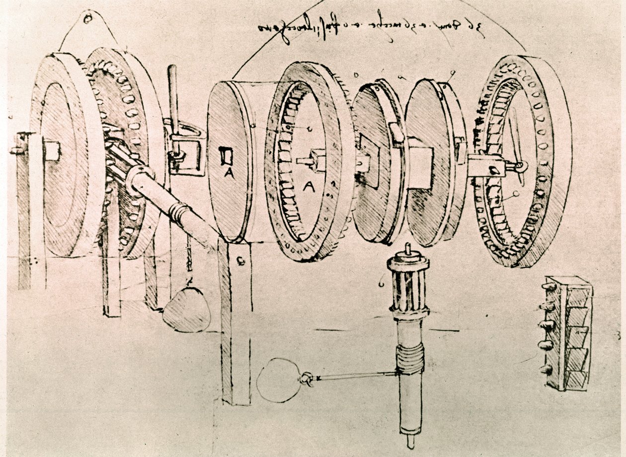 Fragment uit een Da Vinci manuscript dat het principe en de constructie beschrijft van de "Transformatie van Afwisselende Beweging in Continue Beweging" (manuscript) door Leonardo da Vinci