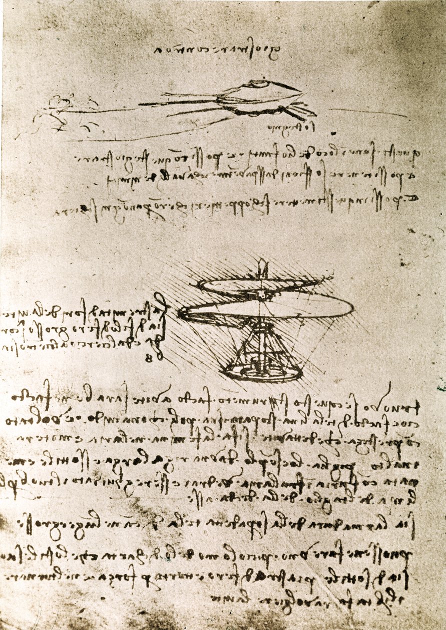 Fragment uit een Da Vinci manuscript dat het principe en de constructie van de "Aerial Screw (Helicopter)" beschrijft (manuscript) door Leonardo da Vinci