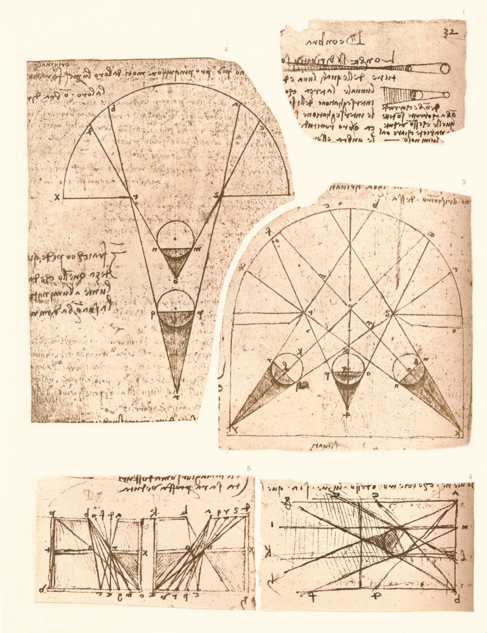 Vijf Diagrammen die de Theorie van Licht en Schaduw Illustreren door Leonardo da Vinci