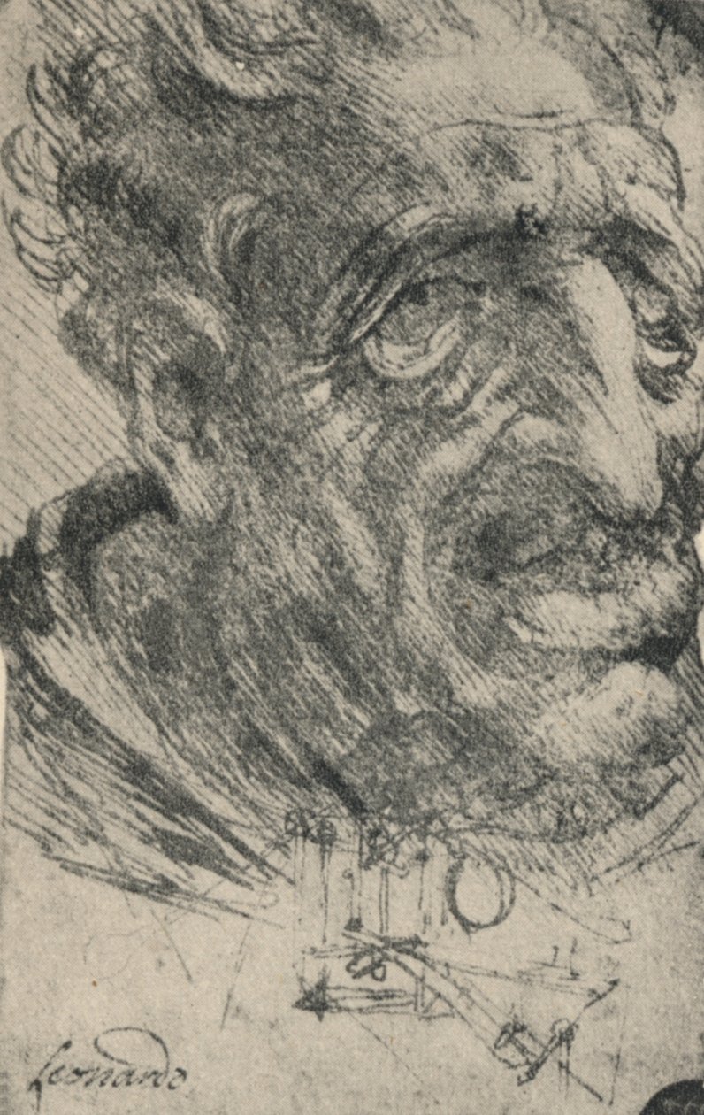 Groteske kop van een man driekwart naar rechts gedraaid, ca. 1480 1945 door Leonardo da Vinci
