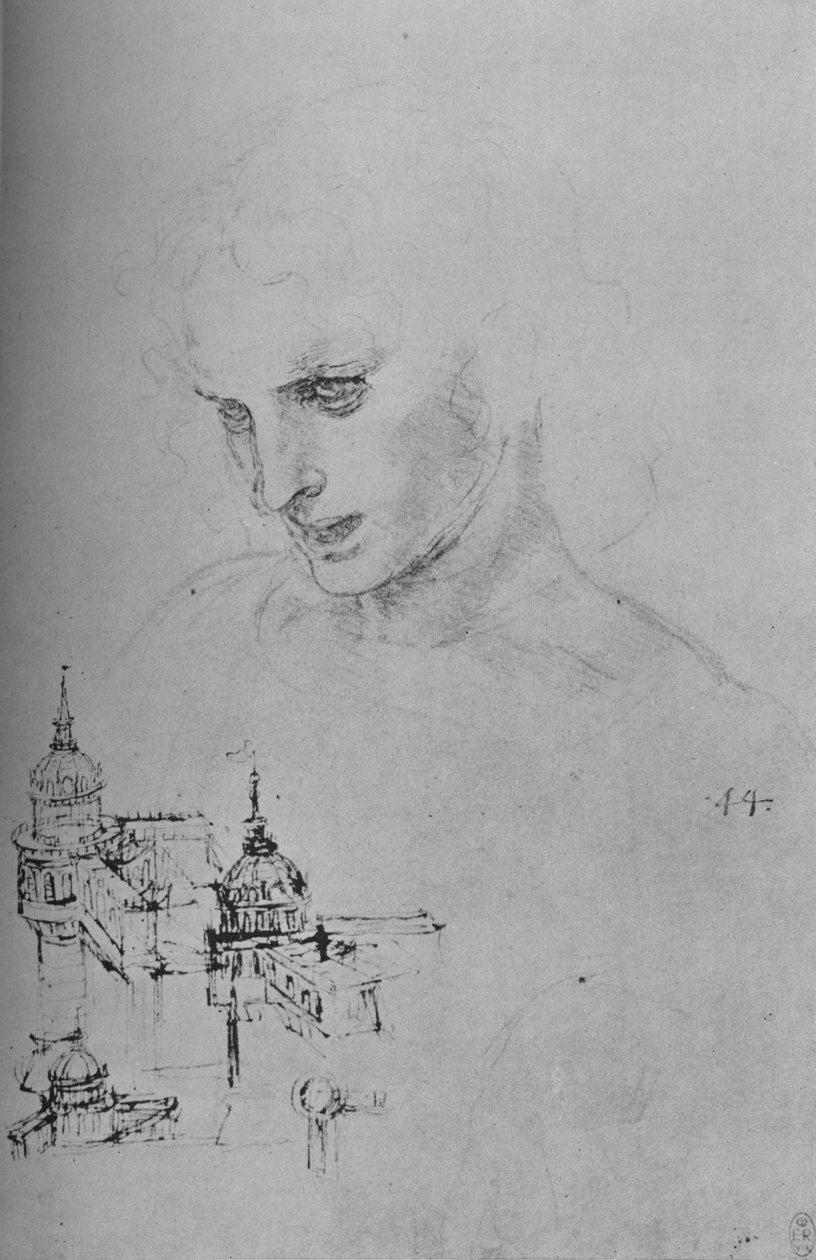 Hoofd van een apostel en studie van architectuur door Leonardo da Vinci