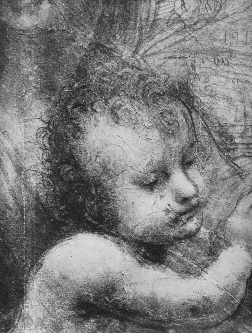 Hoofd van het kindje Jezus - Maagd en Kind met St. Anna en kind St. Johannes, ca. 1480 door Leonardo da Vinci