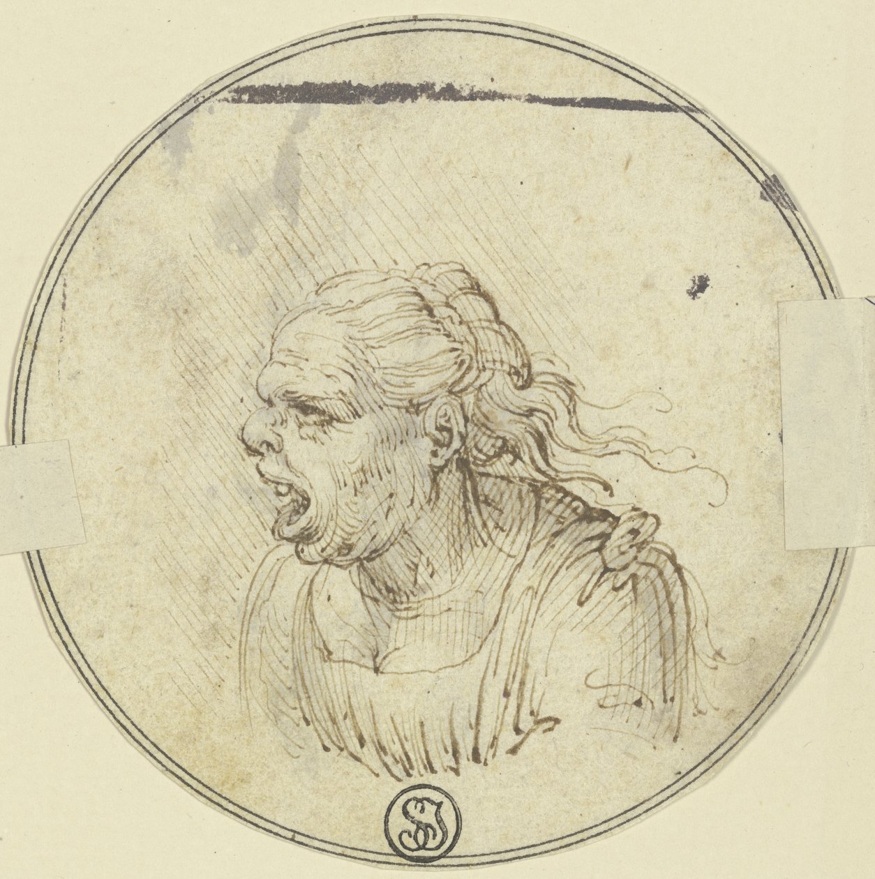 Karikatuur van een vrouw met open mond, borstbeeld, in profiel naar links door Leonardo da Vinci