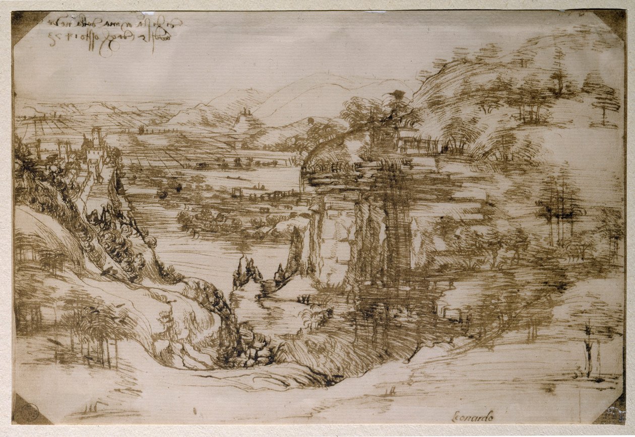 Landschap van Santa Maria della Neve: het landschap van de Arno-vallei door Leonardo da Vinci