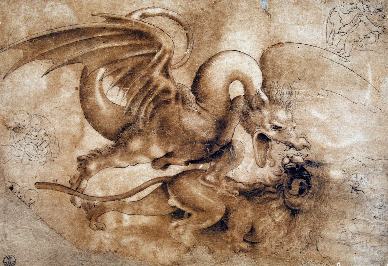 Gevecht tussen een leeuw en een draak door Leonardo da Vinci