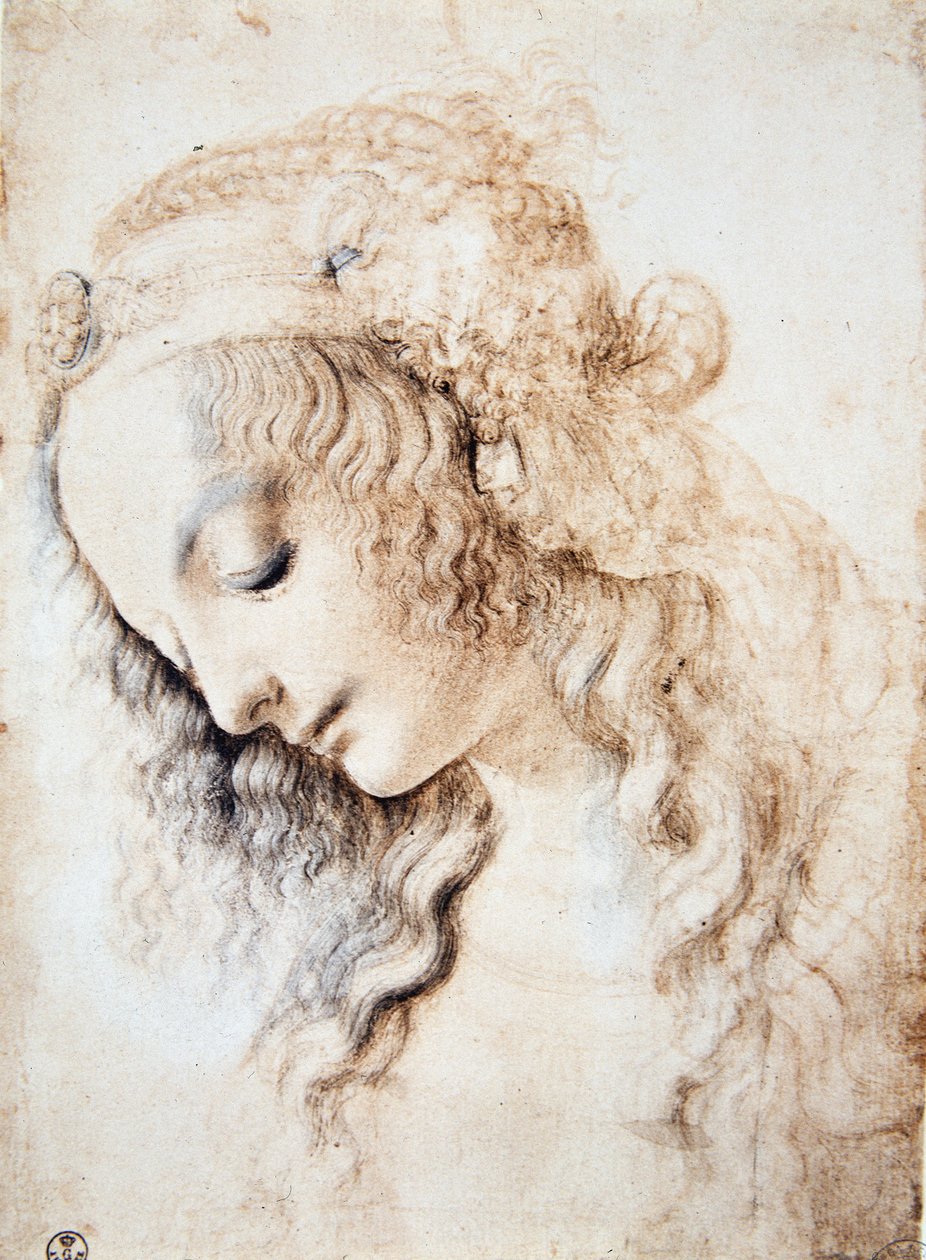 Portret van een meisje met gesloten ogen en hoofd naar beneden met haar haar versierd met een band verrijkt met sieraden (Immagina) door Leonardo da Vinci