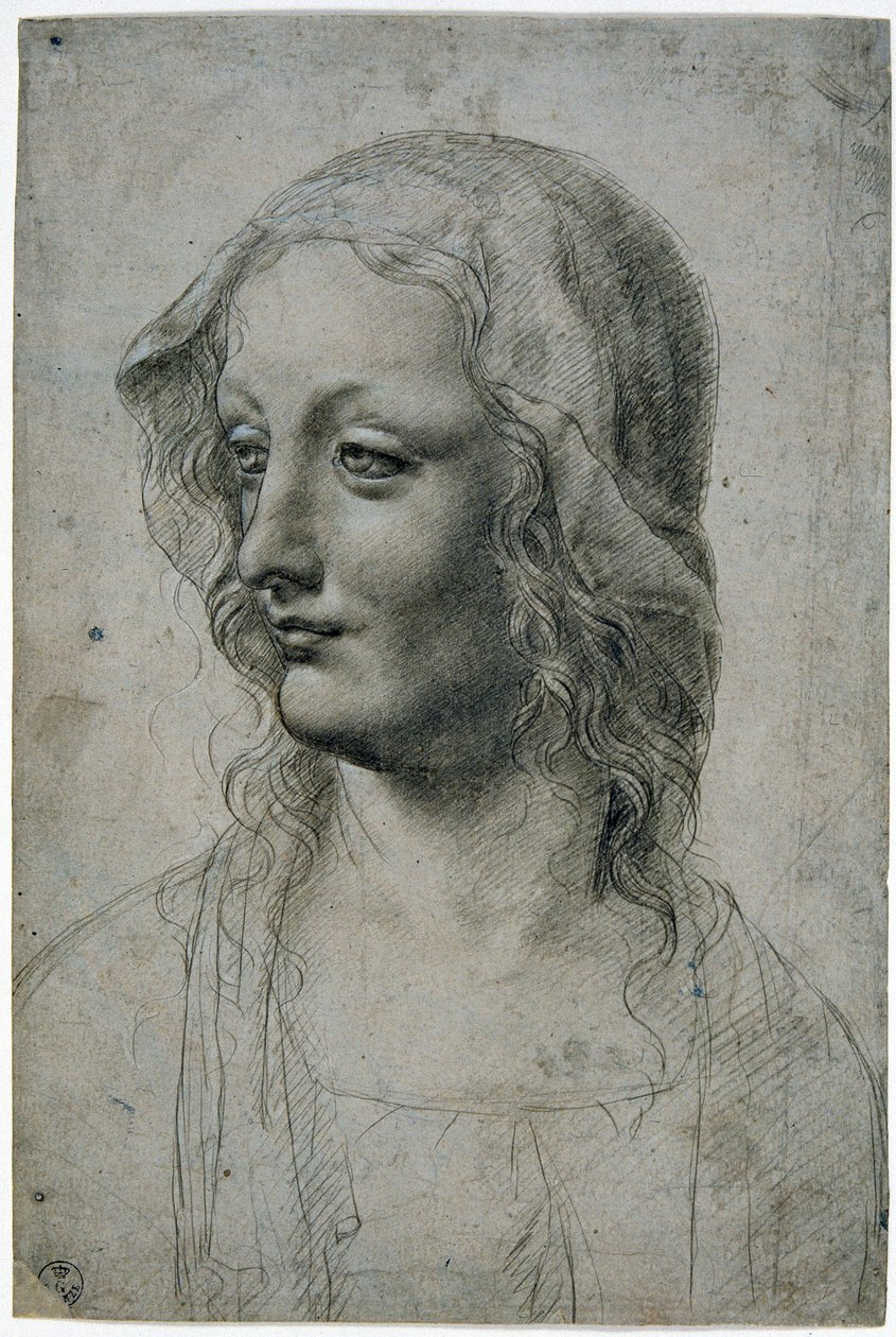 Maestro della Pala Sforzesca (Milanese leerling van Leonardo da Vinci), vrouwenhoofd met sluier, misschien een studie voor de Maagd, GDSU 426 E door Leonardo da Vinci