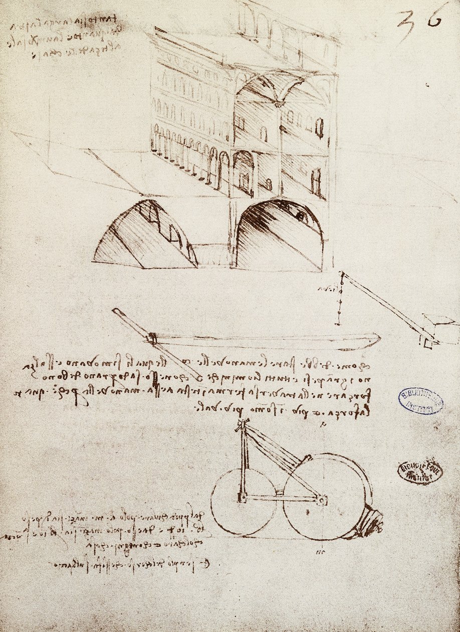 Manuscript B, f 36 r Architecturale studies, ontwikkeling en secties van gebouwen in stad met verhoogde straten door Leonardo da Vinci