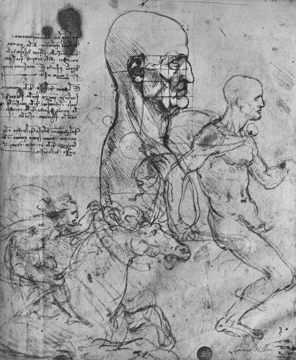 Profiel van een man vierkant voor proportie en studies van ruiters, ca. 1480, 1945 door Leonardo da Vinci