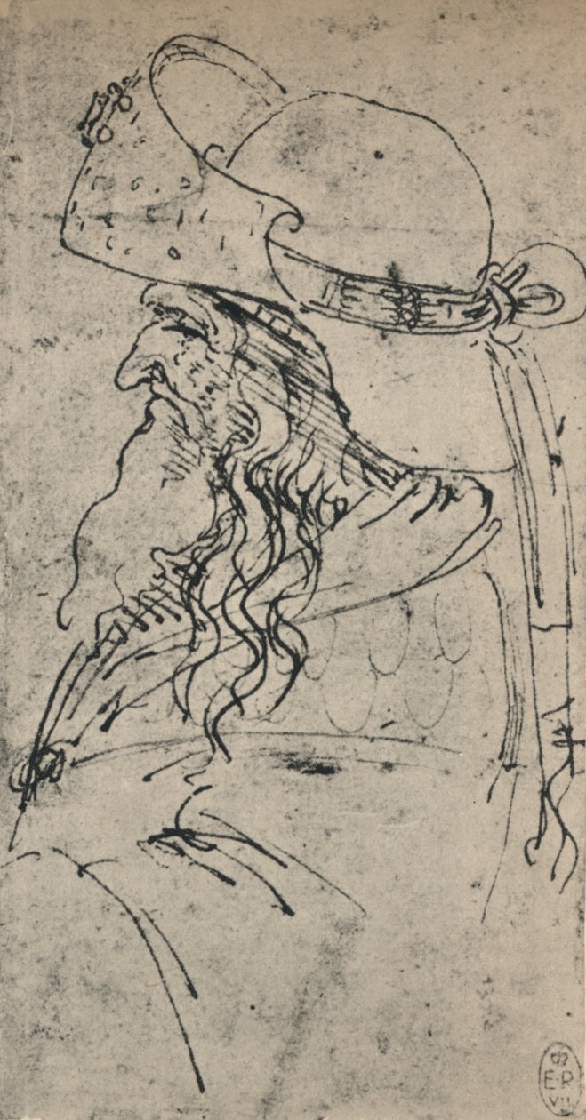 Profiel naar links van een oude man met een grote hoed, ca. 1480 door Leonardo da Vinci