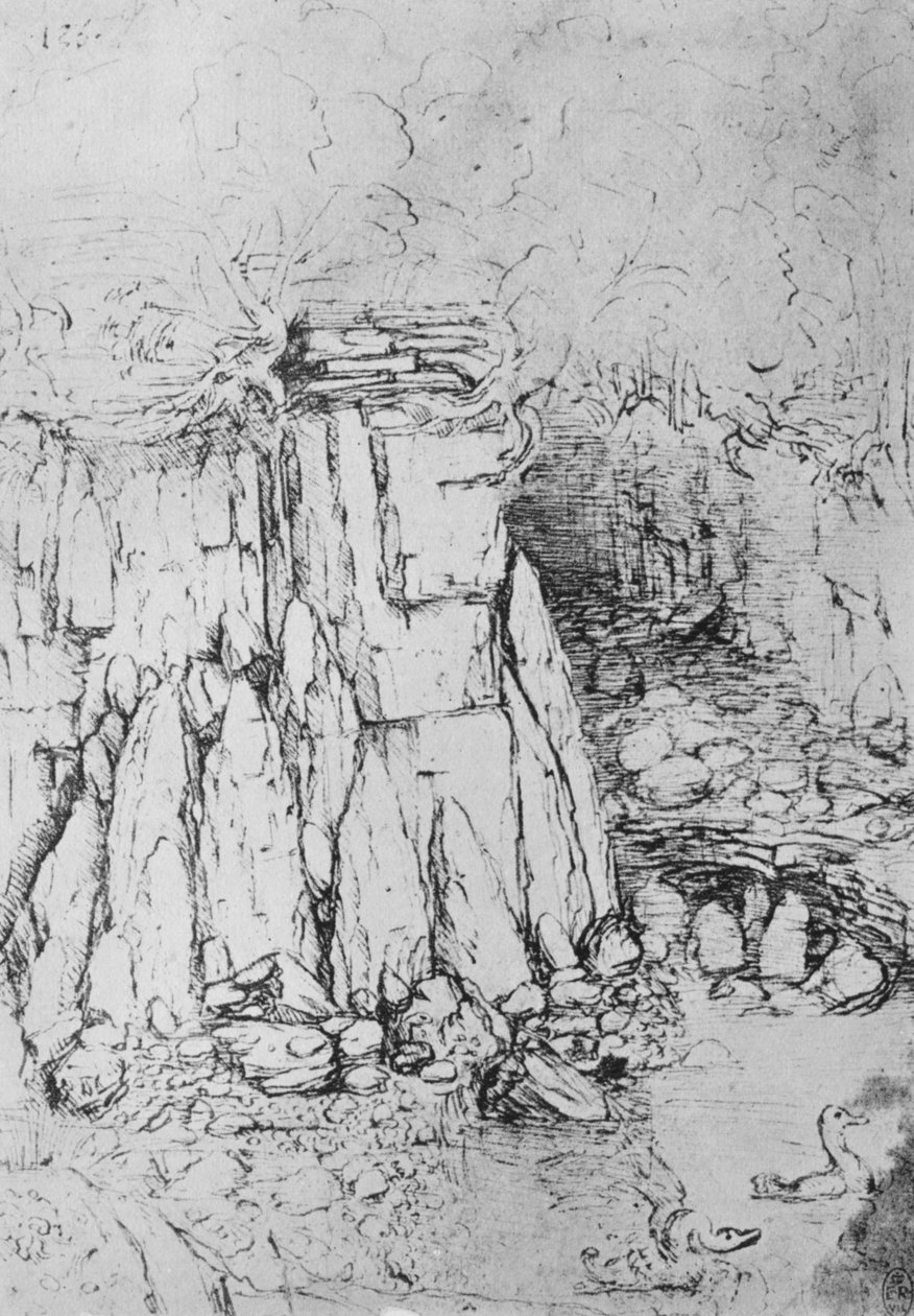 Rotsen en stroom door Leonardo da Vinci
