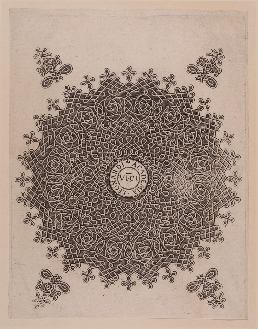 Cirkel met vlechtwerk en knopen. Het embleem van de „Academia Leonardi” in Milaan door Leonardo da Vinci