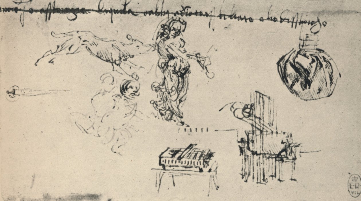 Blad met Studies van een Jonge Vrouw, Een Wolf, Etc., ca. 1480 1945 door Leonardo da Vinci