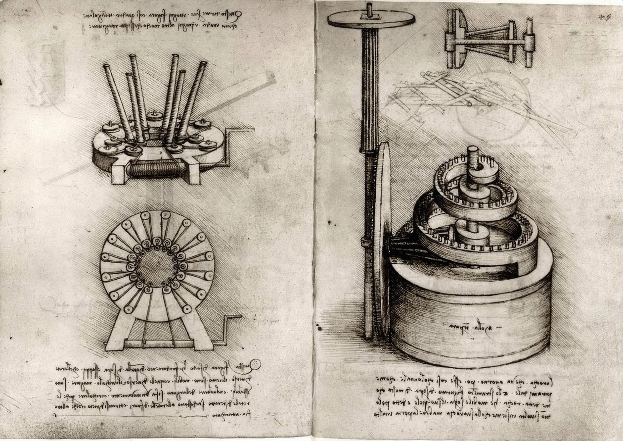 Studies over mechanica; rechts veer van een klok door Leonardo da Vinci