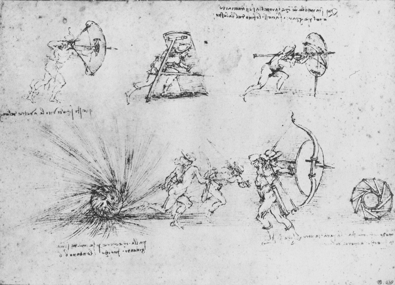 Studies van Schilden voor het Beschermen van Voetsoldaten en van een Ontploffende Bom, ca. 1480 door Leonardo da Vinci