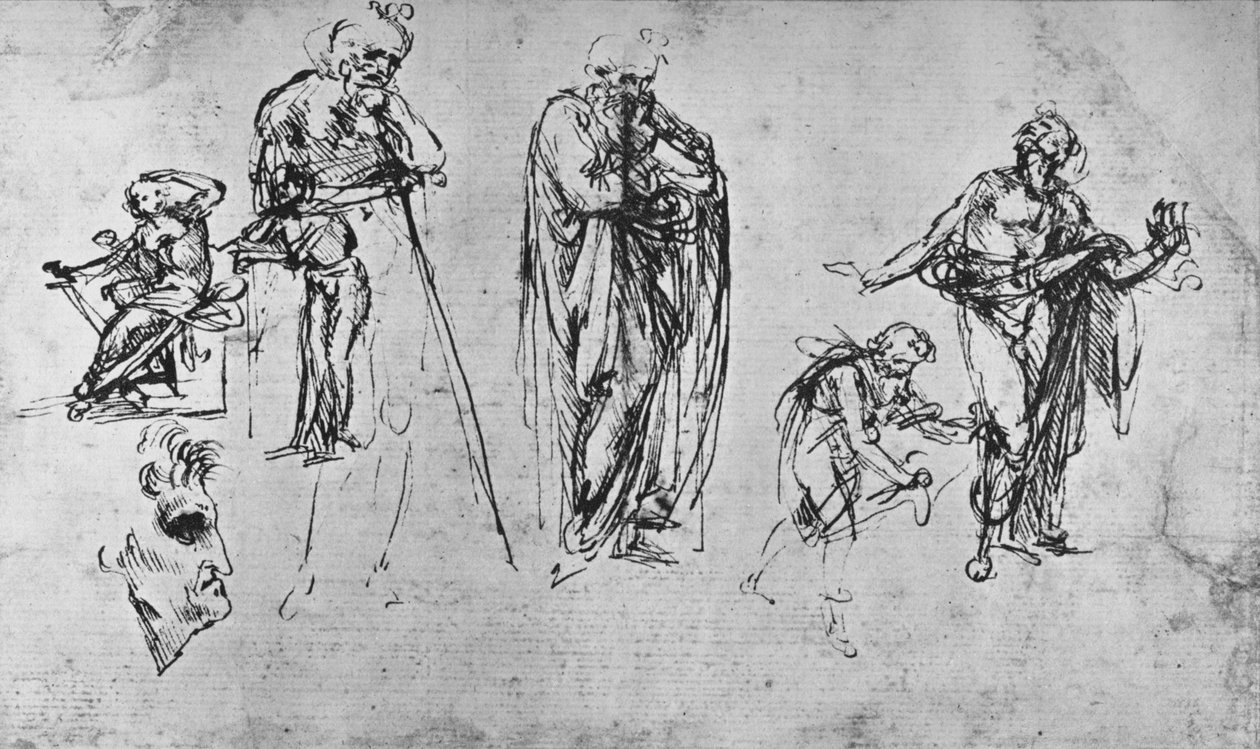 Studies van enkele figuren en een profiel, c1480 door Leonardo da Vinci
