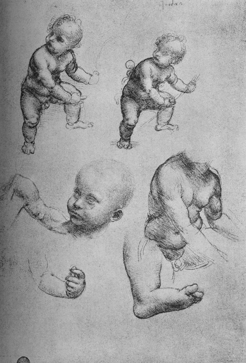 Studies van een kind en delen van een kind, ca. 1480 door Leonardo da Vinci