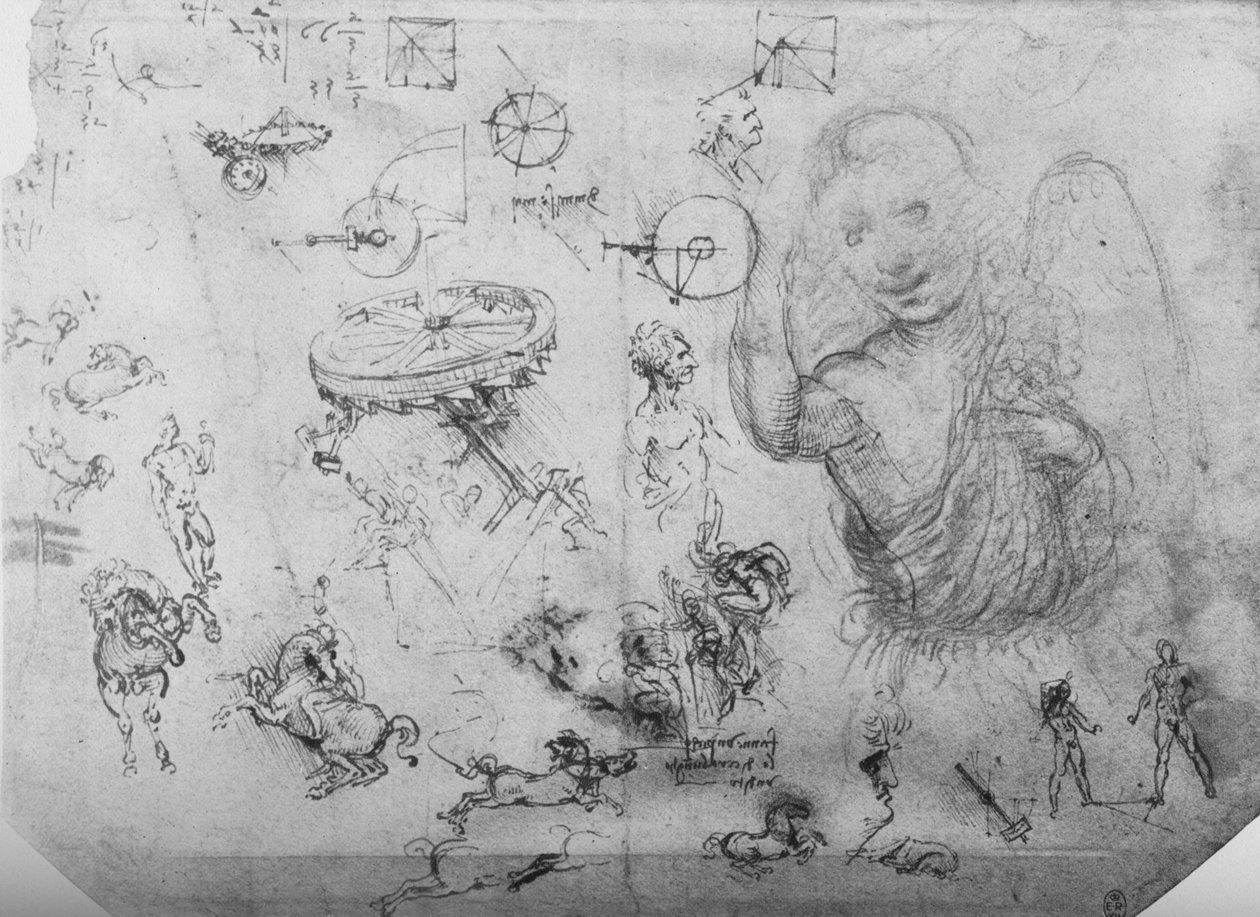 Studies van een engel, van ruiters en van andere figuren door Leonardo da Vinci