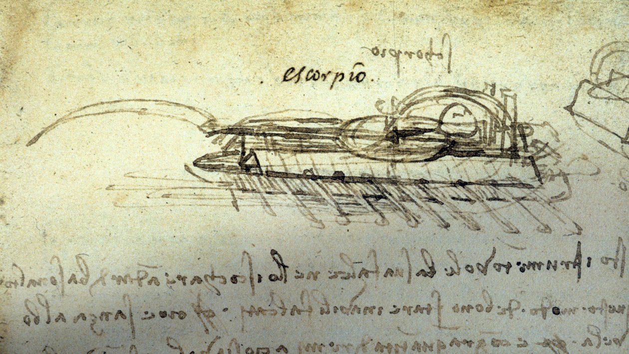 Studie voor een oorlogsmachine Escorpio door Leonardo da Vinci (1452 - 1519). Tekening met pen en inkt. door Leonardo da Vinci