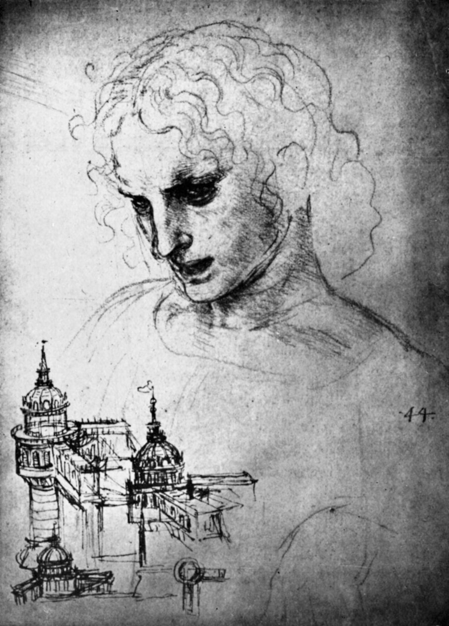 Studie voor het hoofd van St. Jacobus en een architecturale tekening, 15e eeuw 1930 door Leonardo da Vinci