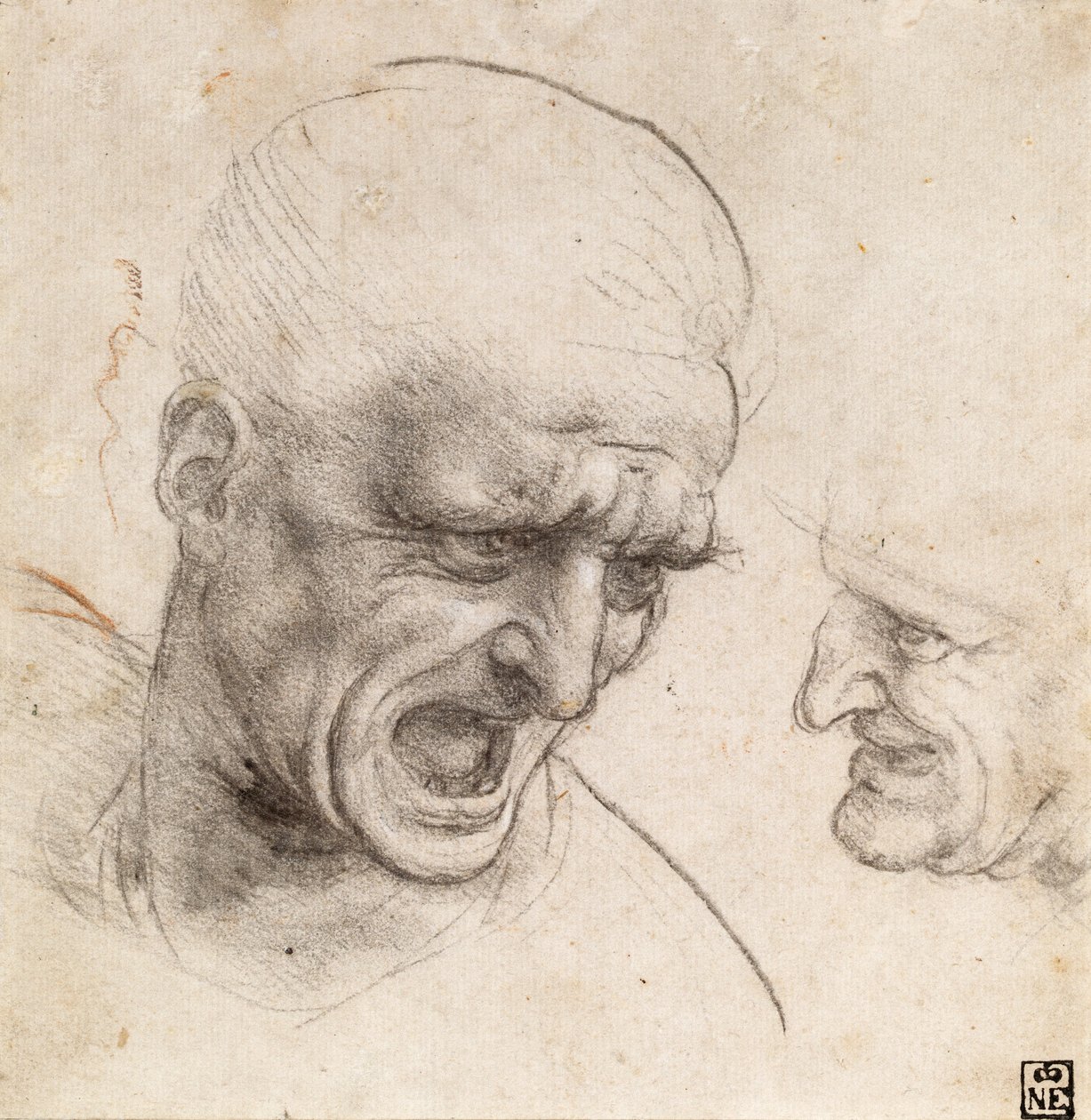 Studie van twee krijgerskoppen voor de Slag bij Anghiari door Leonardo da Vinci
